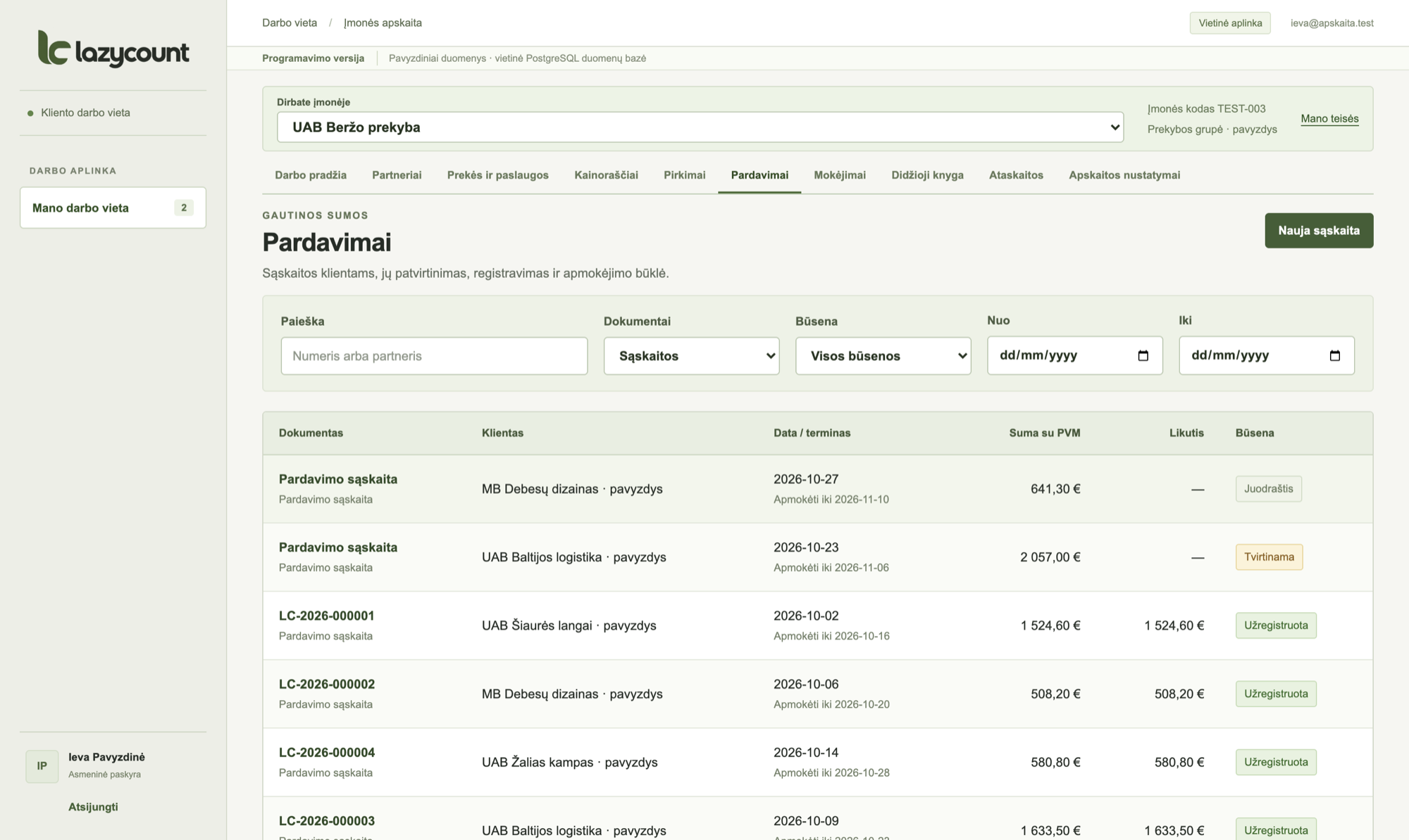 lazycount darbo vieta: įmonės modulių meniu ir sąskaitų sąrašas su būsenomis.